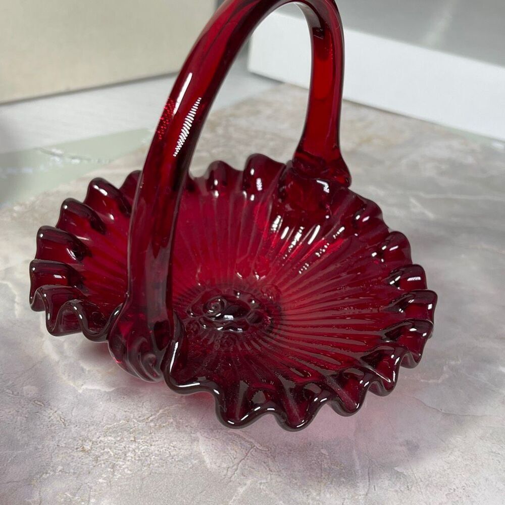 Vintage Fenton Ruby Red thumbprint basket with rose bottom signed